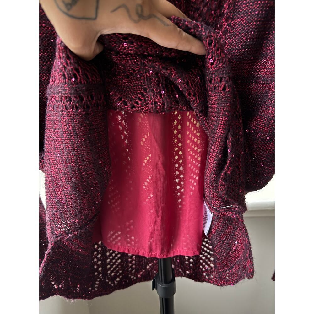 Burgundy Metallic Sequin Open Knit Sweater Small Holiday Party Cable Knit - Picture 5 of 6
